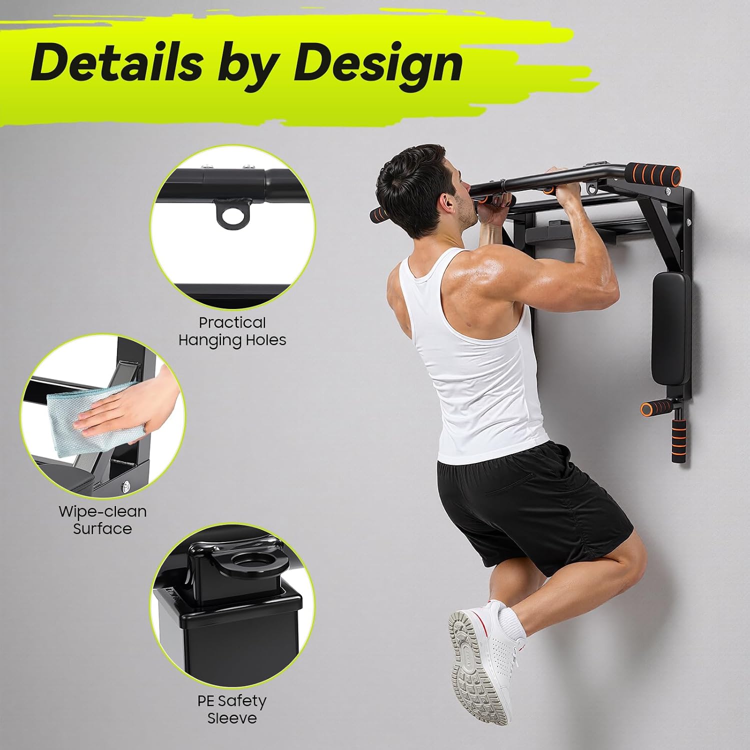 Wall Mounted Pull Up Bar Dip Station 440Lbs