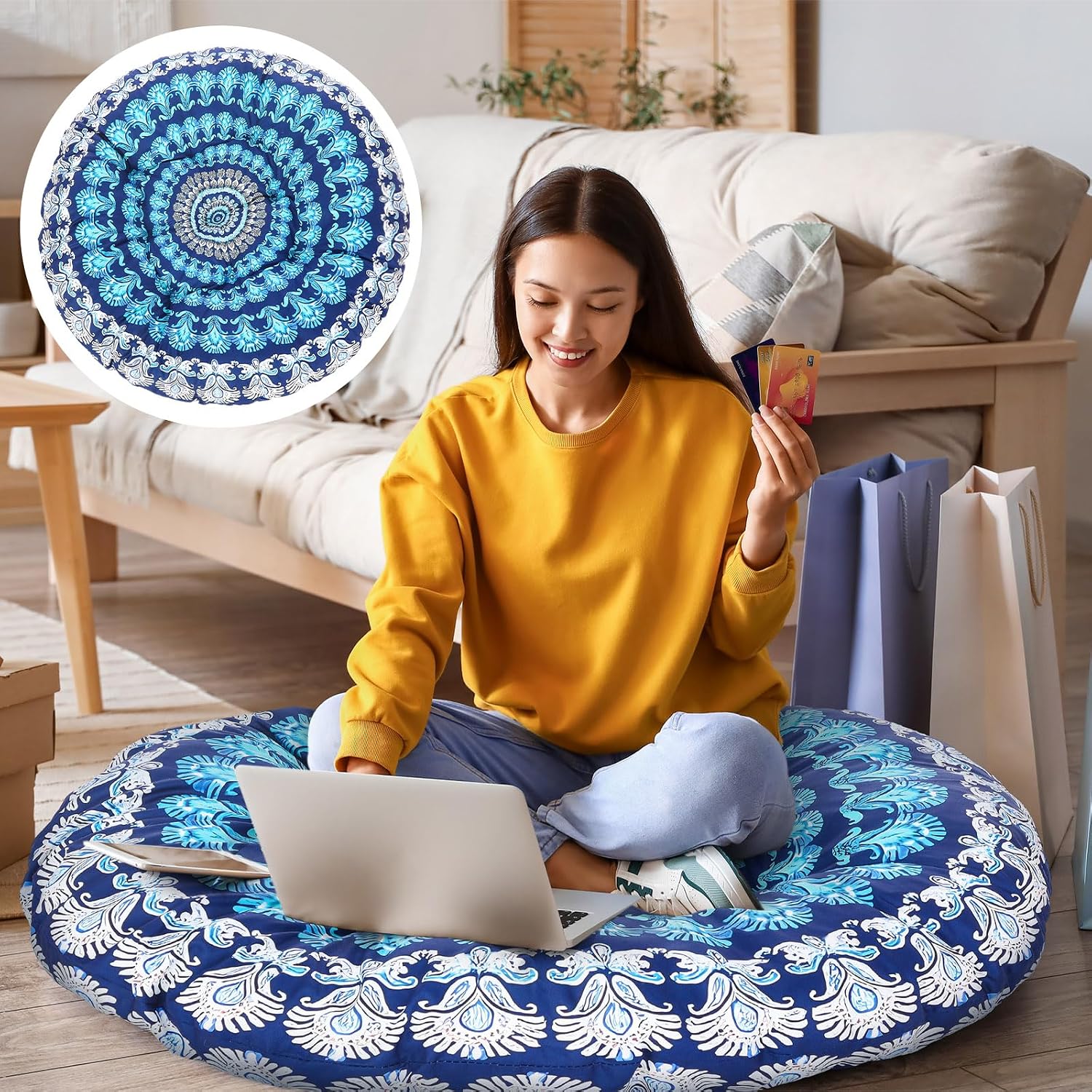 35in Round Mandala Meditation Floor Cushion